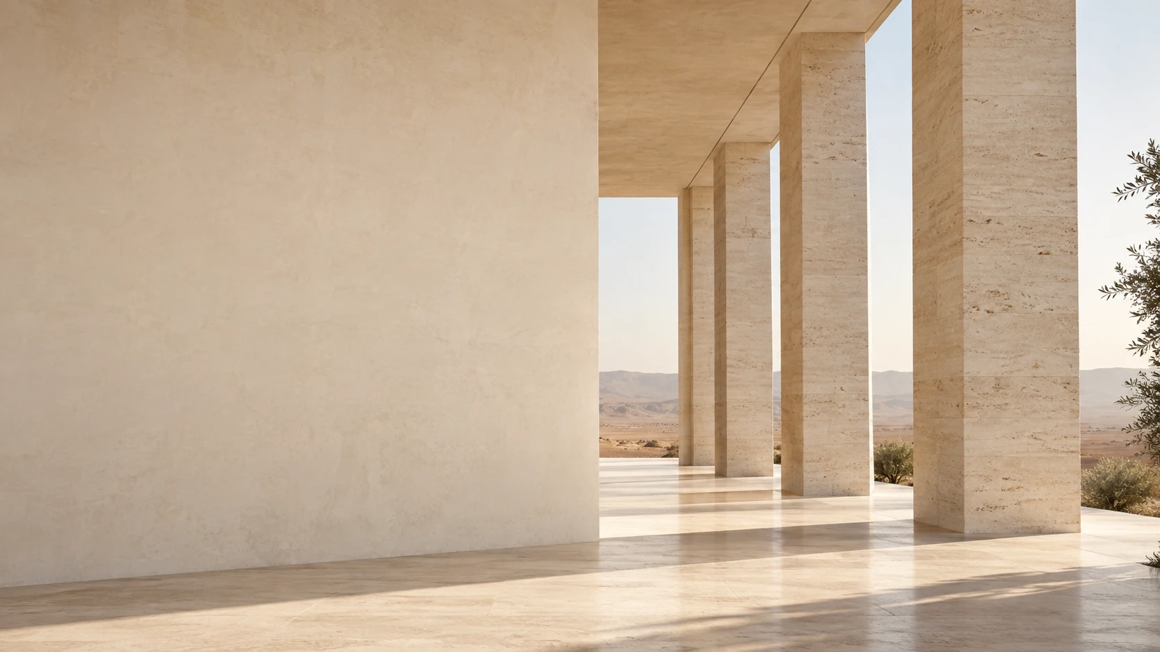 An imagined limestone pavilion, open to a quiet desert horizon